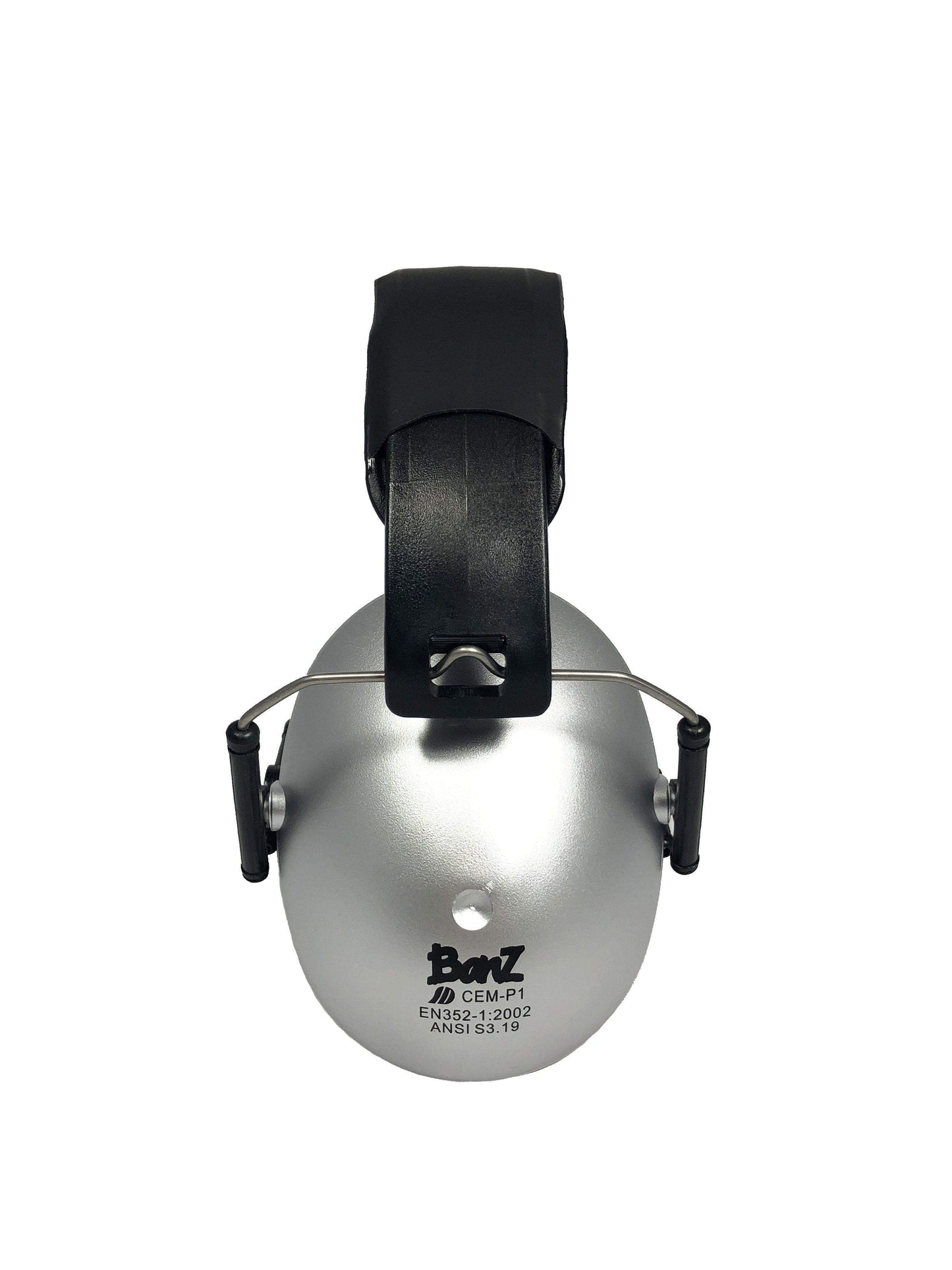 Silver ear muffs with black strap on a white background