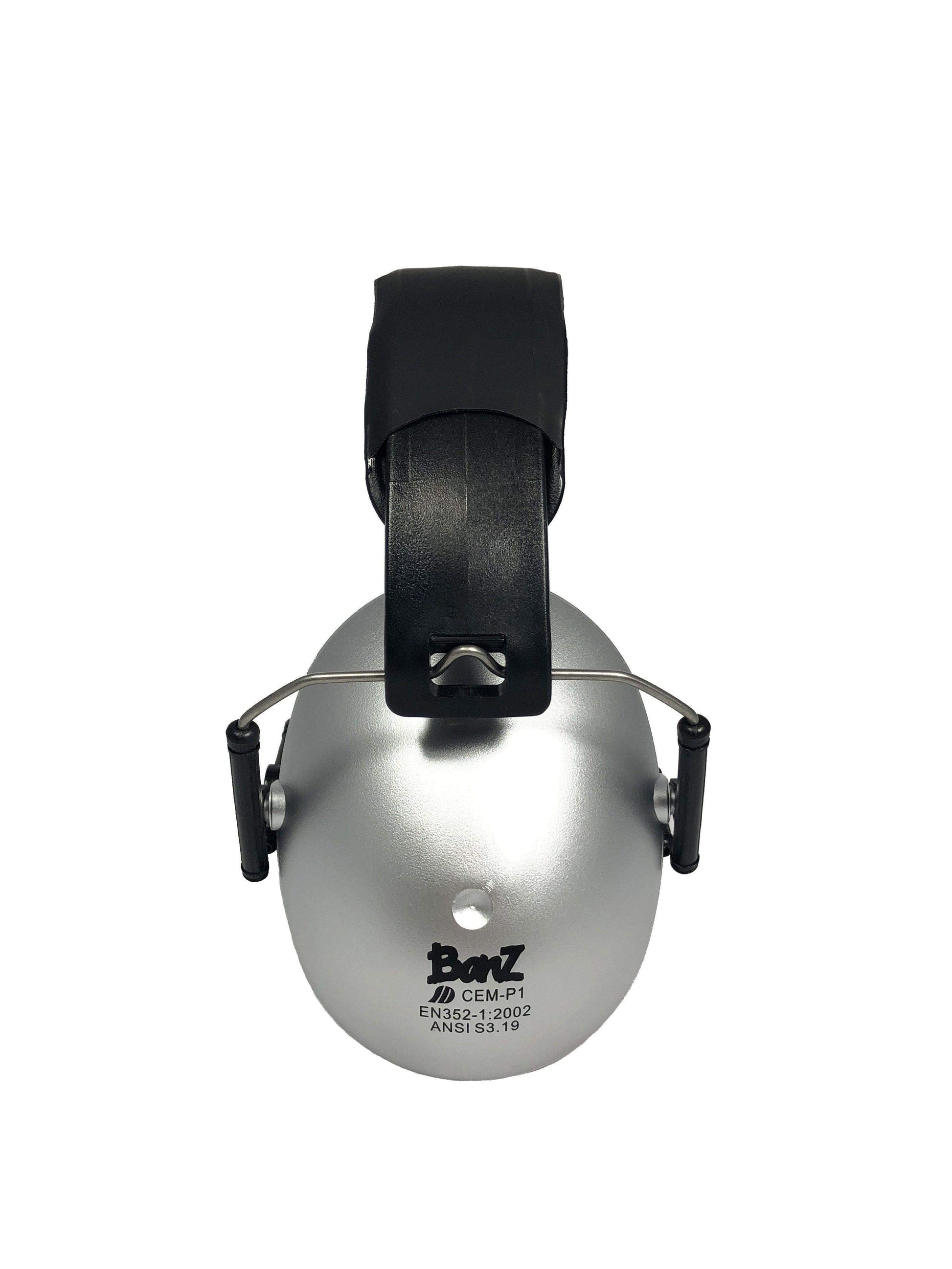 Silver ear muffs with black strap on a white background