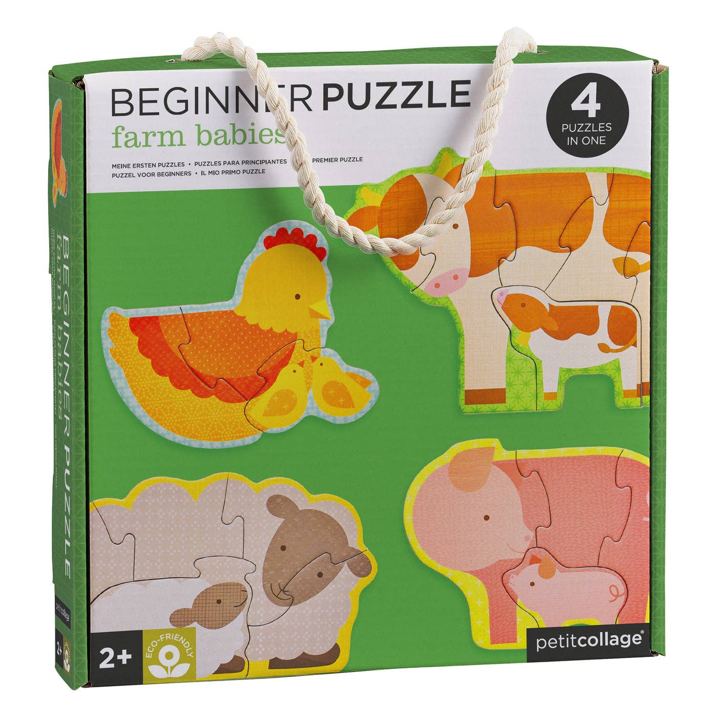 Beginner's puzzle packaging with farm animal illustrations on a green background
