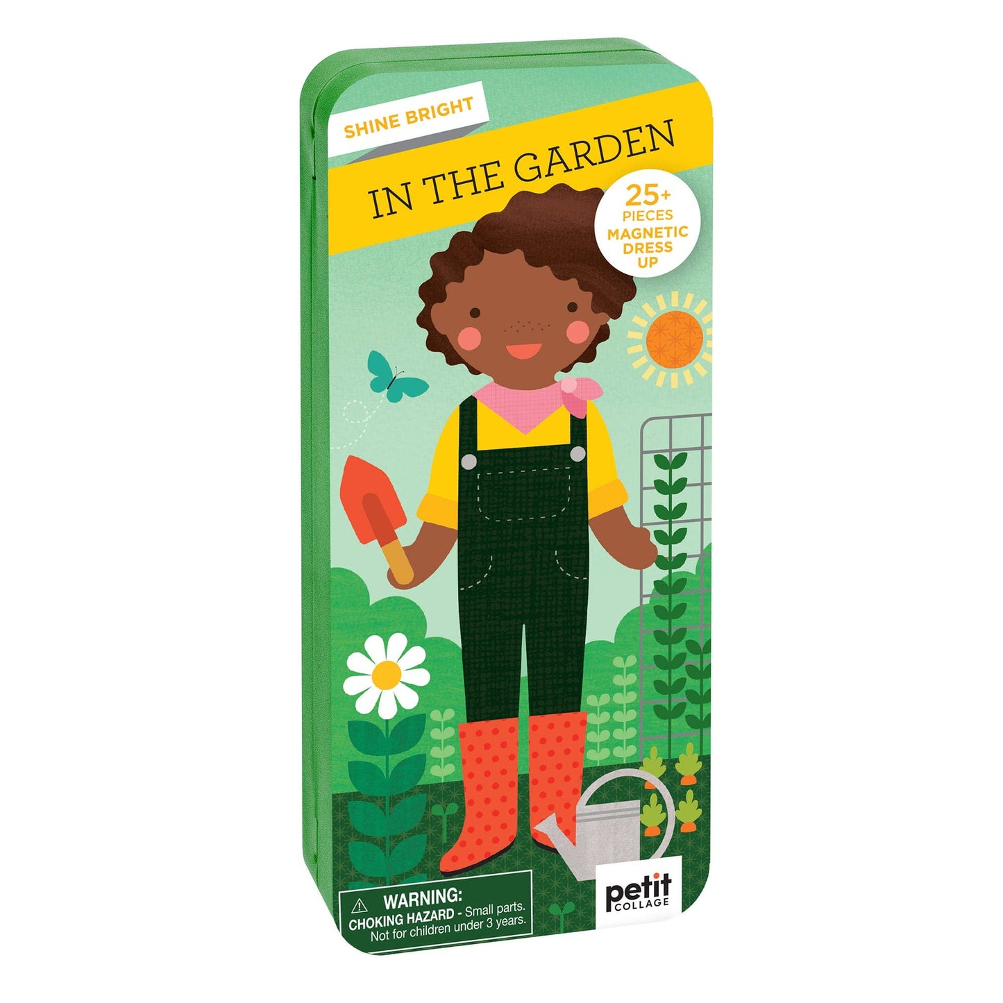 Packaging of 'In the Garden' magnetic dress-up set with a child character on a white background.