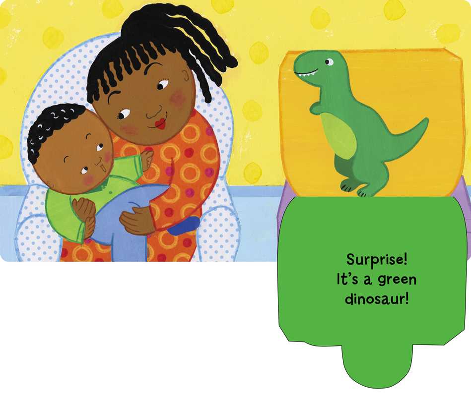 Illustration of a woman and child with a dinosaur toy, featuring text 'Surprise! It's a green dinosaur!' on a yellow background with polka dots.