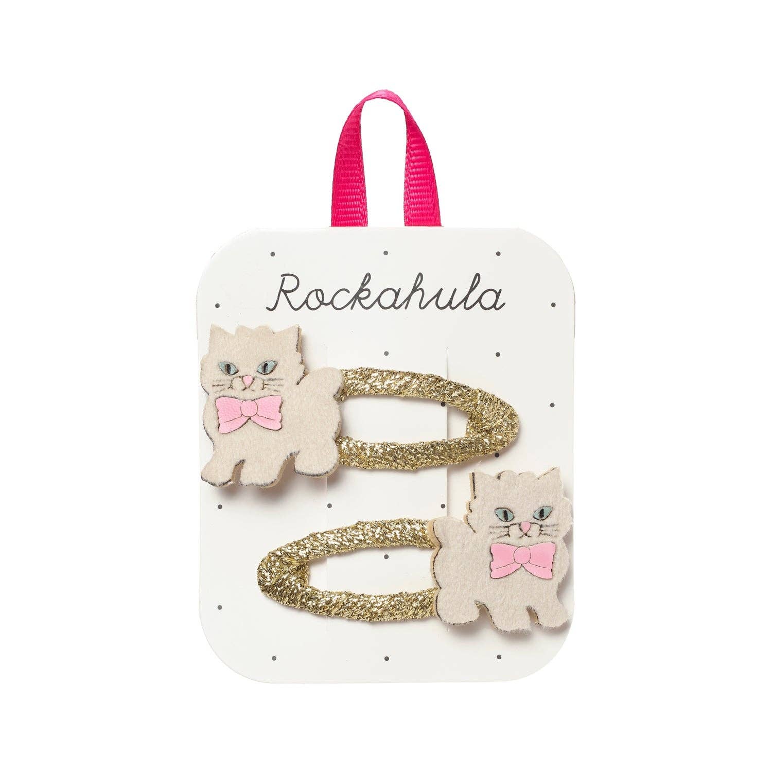 Cat-themed hair clips with pink bows on a Rockahula branded card.