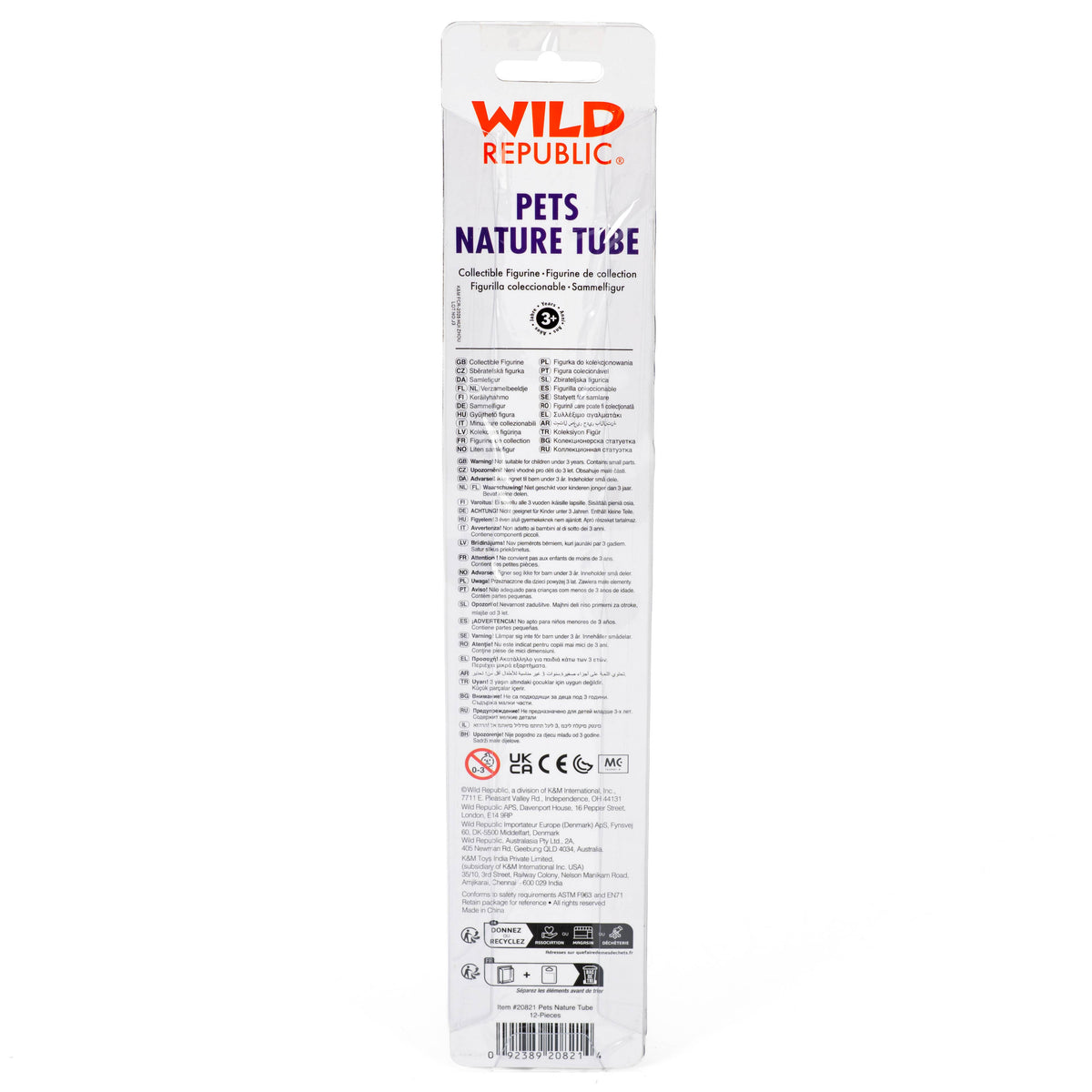 The back of a Wild Republic 'Pets Nature Tube' collectible figure packaging card, showing product details, warnings, and a barcode on a white background.