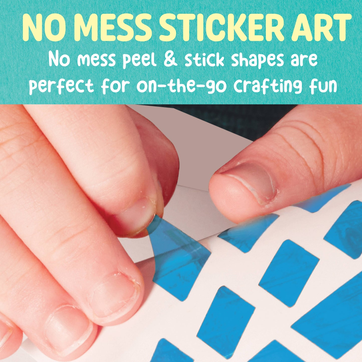 Hands applying blue geometric stickers to a surface with text about no mess sticker art.
