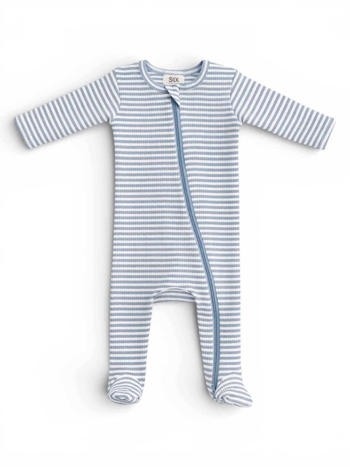 Blue and white striped baby onesie with a zipper on a white background