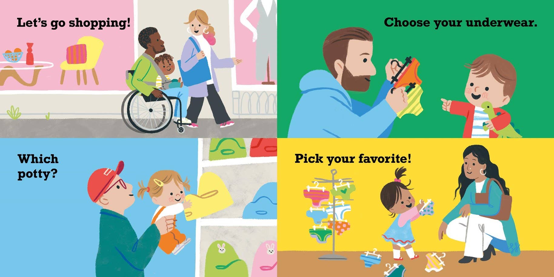 A four-panel cartoon illustration showing family shopping and dressing activities with text labels: 'Let's go shopping!', 'Choose your underwear.', 'Which potty?', and 'Pick your favorite!'.