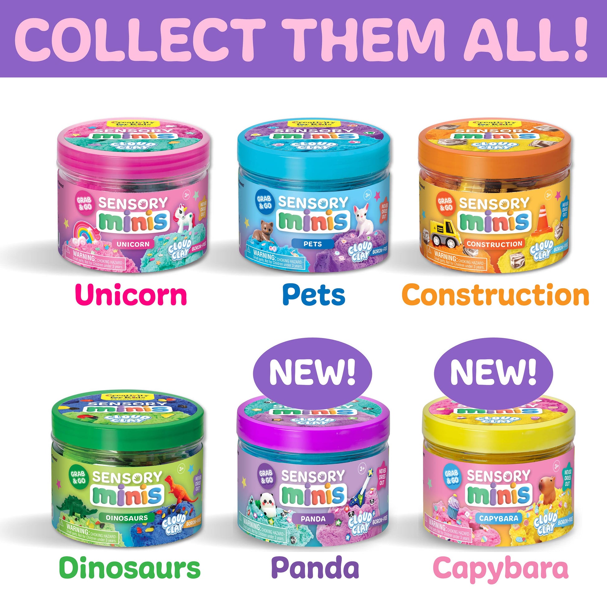 Collection of colorful Sensory Minis jars with labels for different themes on a white background.
