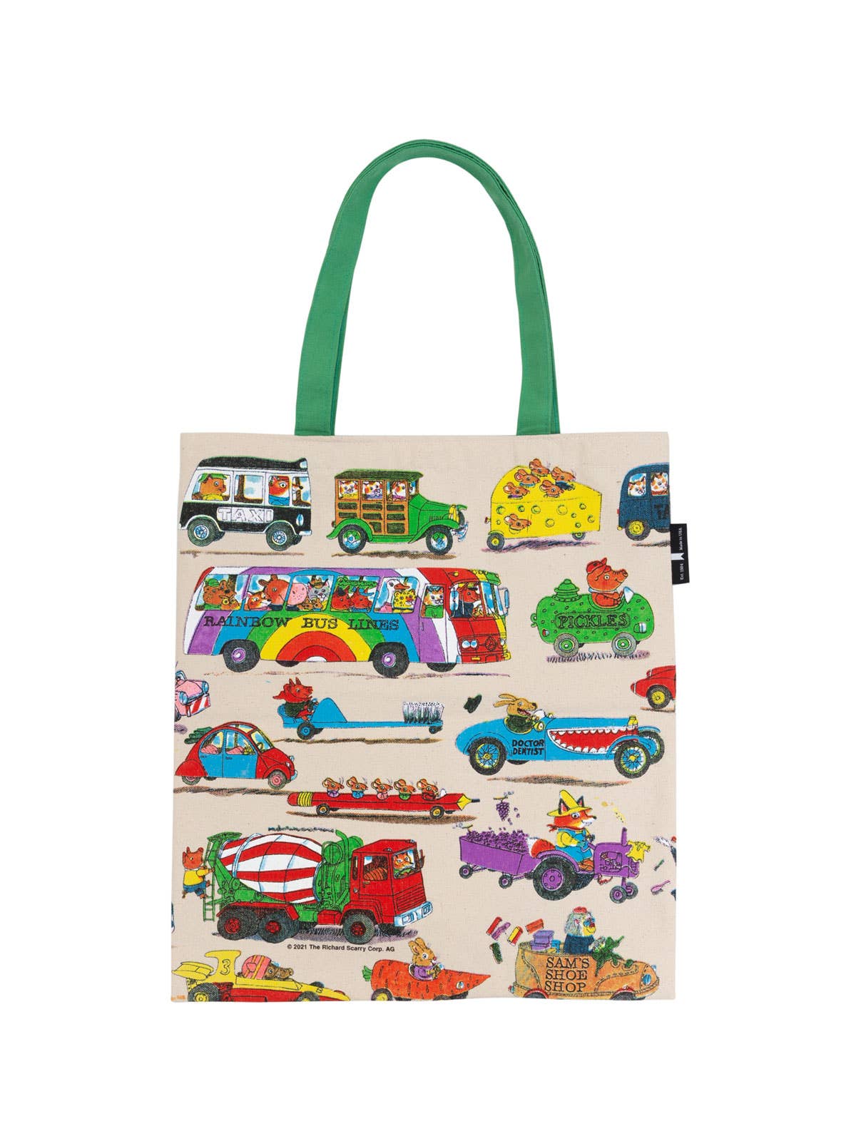 Tote bag with colorful vehicle illustrations on a beige background