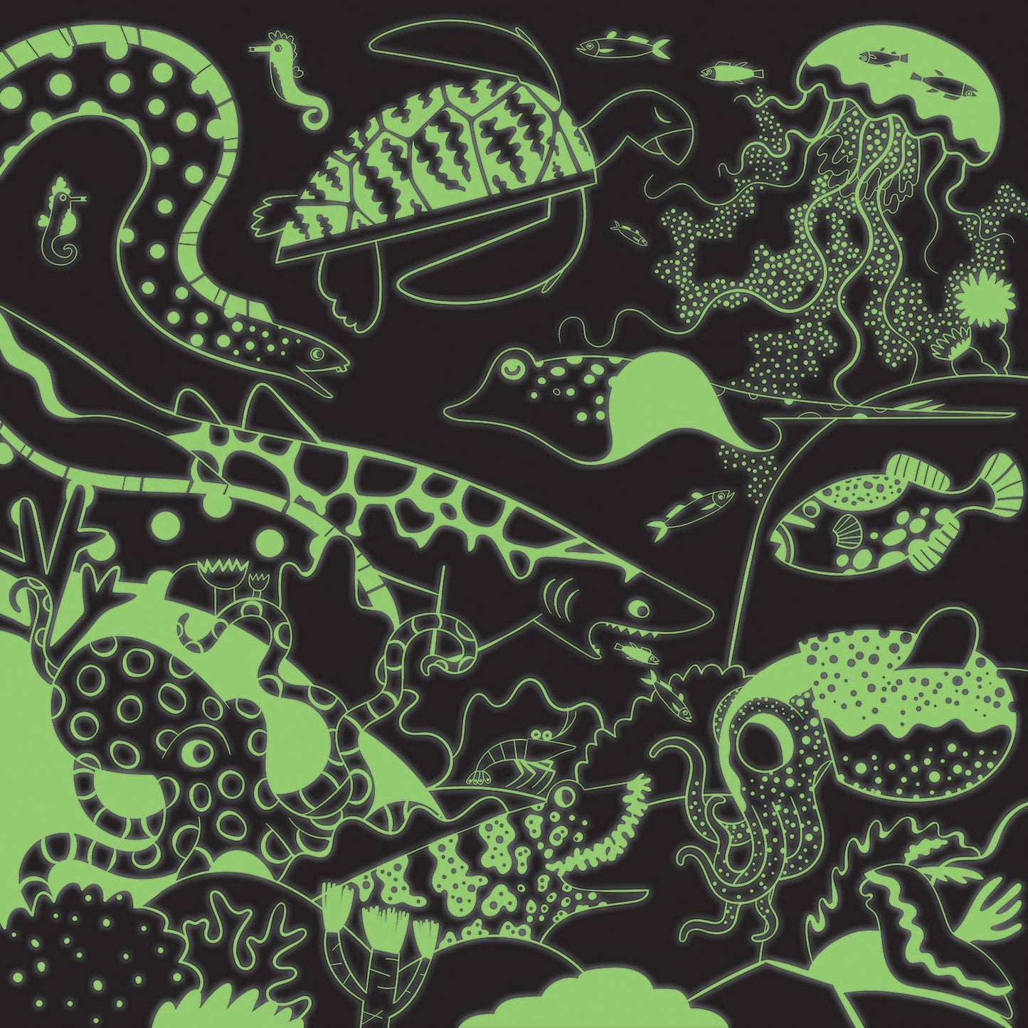 Glowing green underwater animal illustrations on a black background