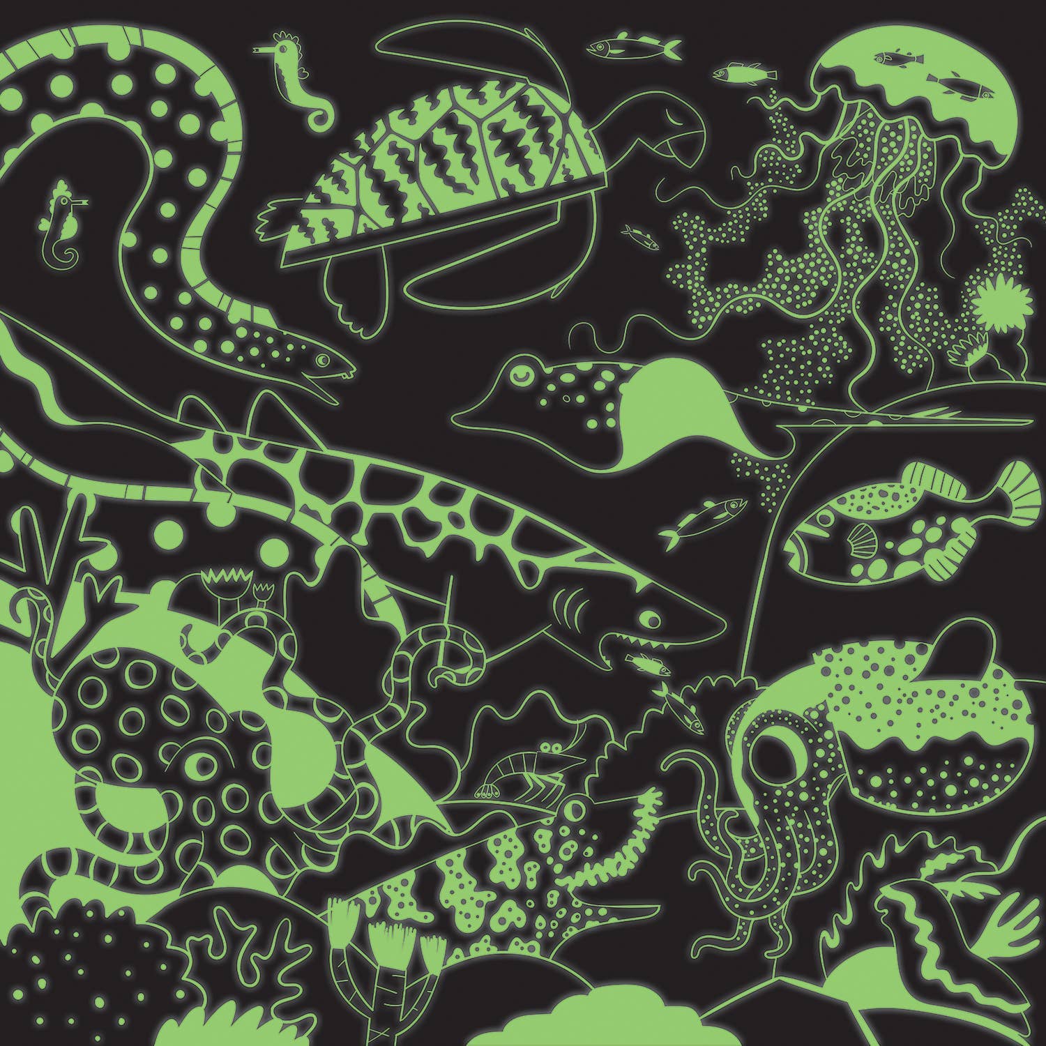 Glowing green underwater animal illustrations on a black background