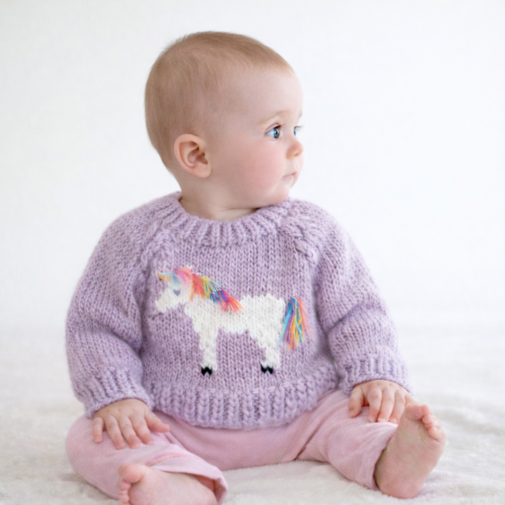 Baby wearing a purple sweater with a unicorn design on a white background