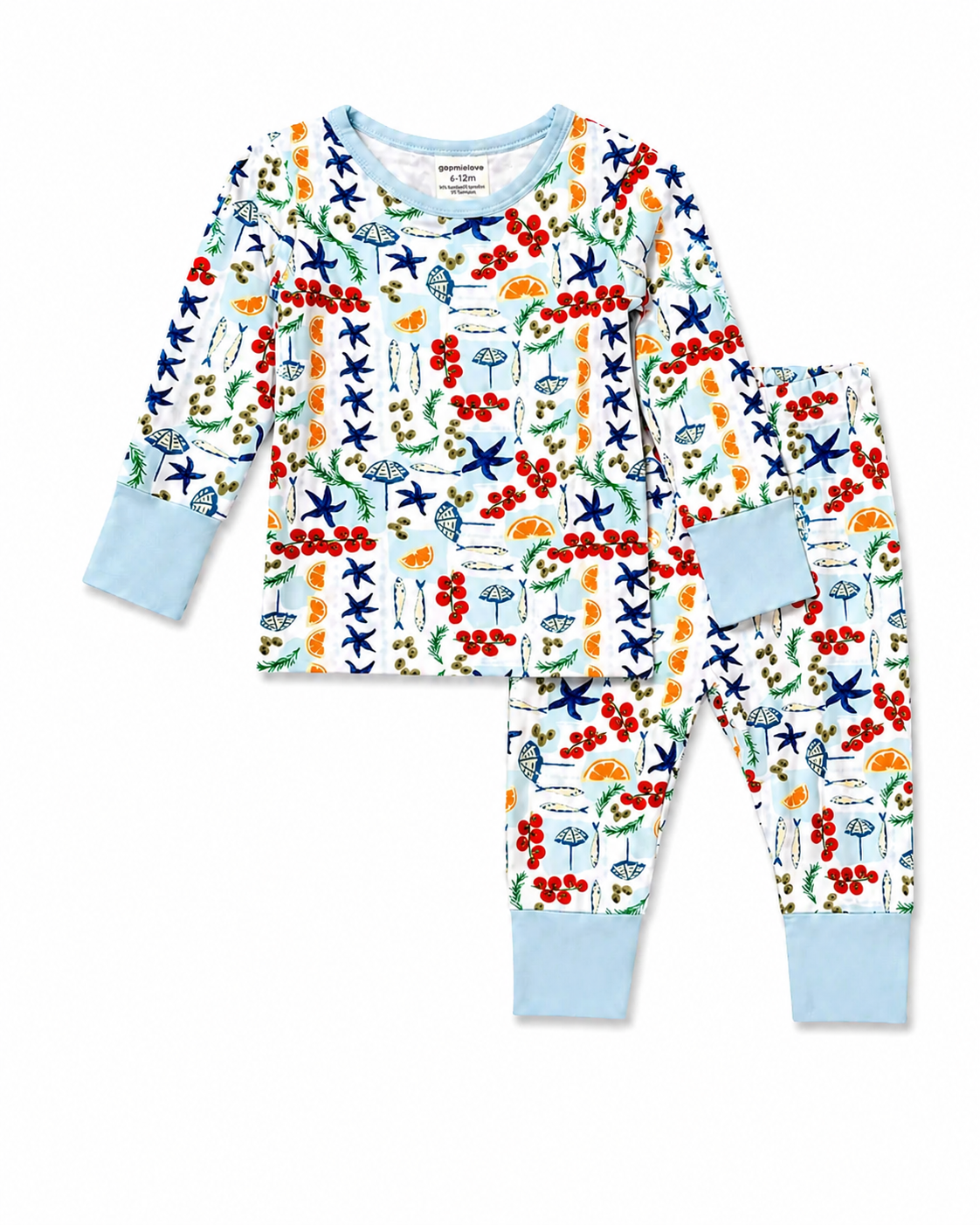 Children's pajama set with colorful sea-themed pattern on a white background