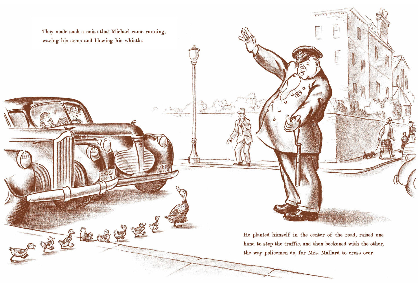 Illustration of a man directing traffic with ducks, vintage car, and building in the background