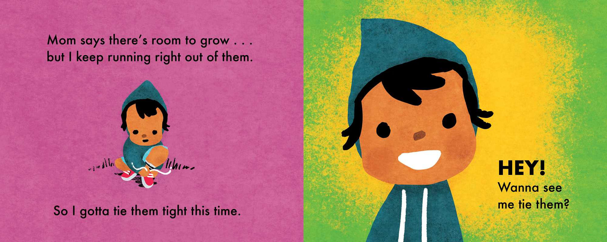 Illustrated book page with a child in a green hoodie on a yellow background, accompanied by text.