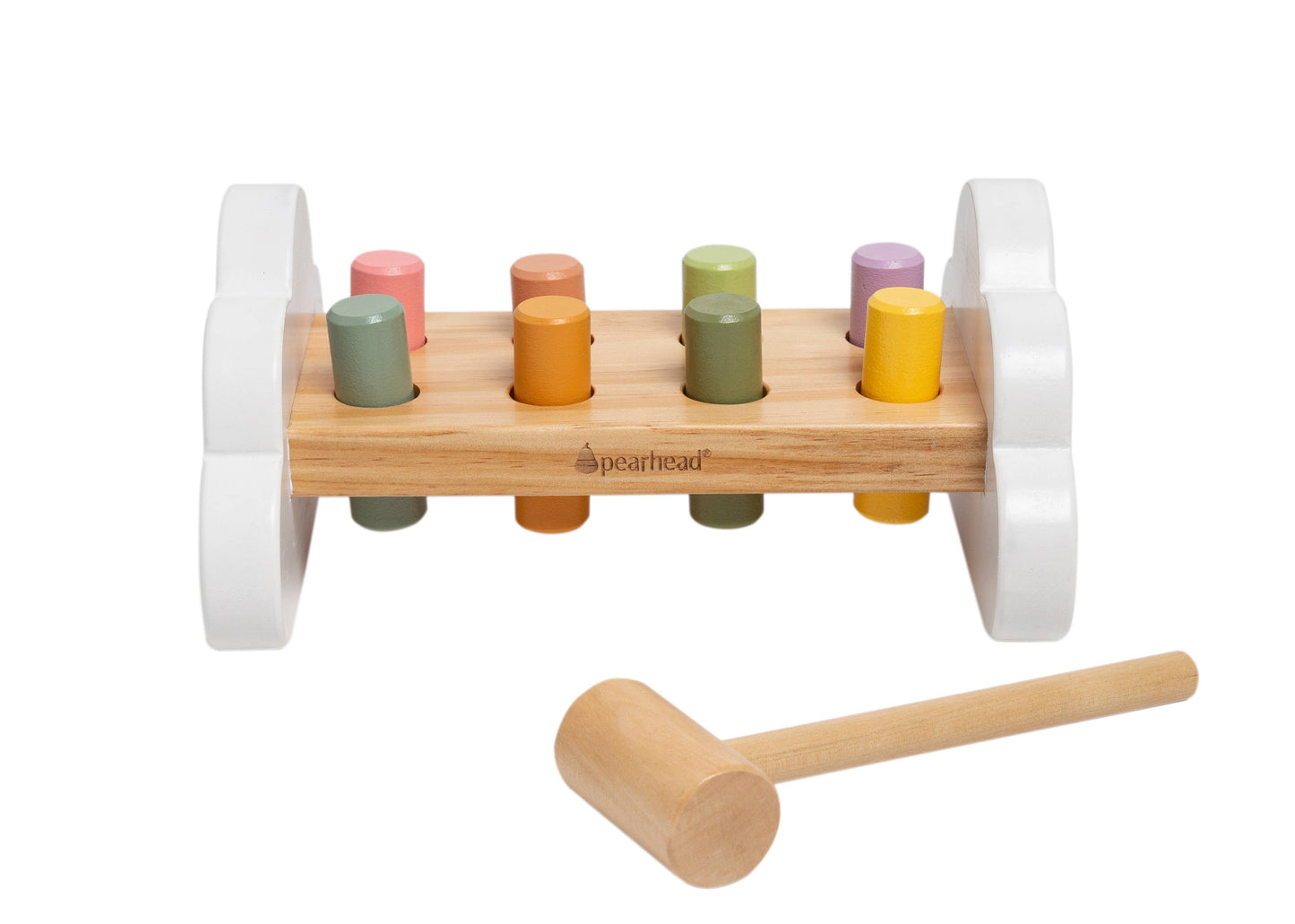 A wooden hammer bench toy with colorful pegs and a wooden mallet, designed for young children.