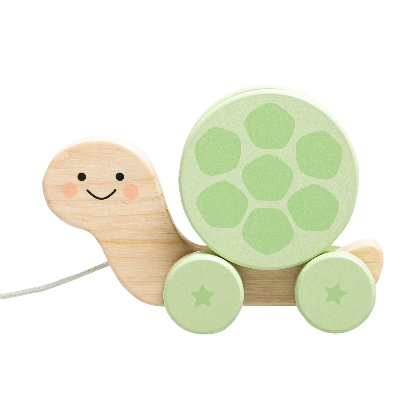 Wooden toy turtle with green shell and star-shaped wheels on a white background