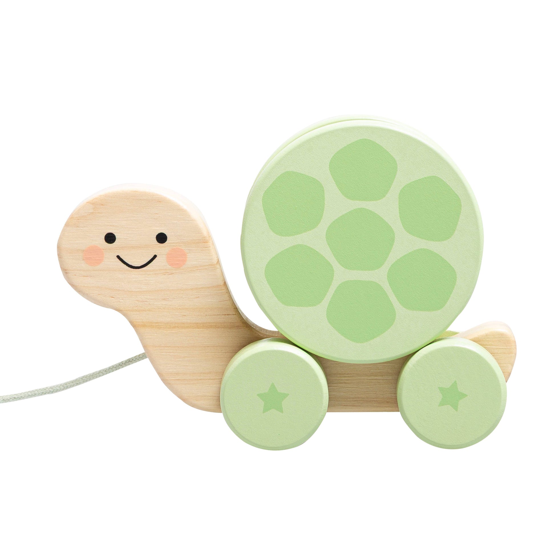 Wooden toy turtle with green shell and star-shaped wheels on a white background