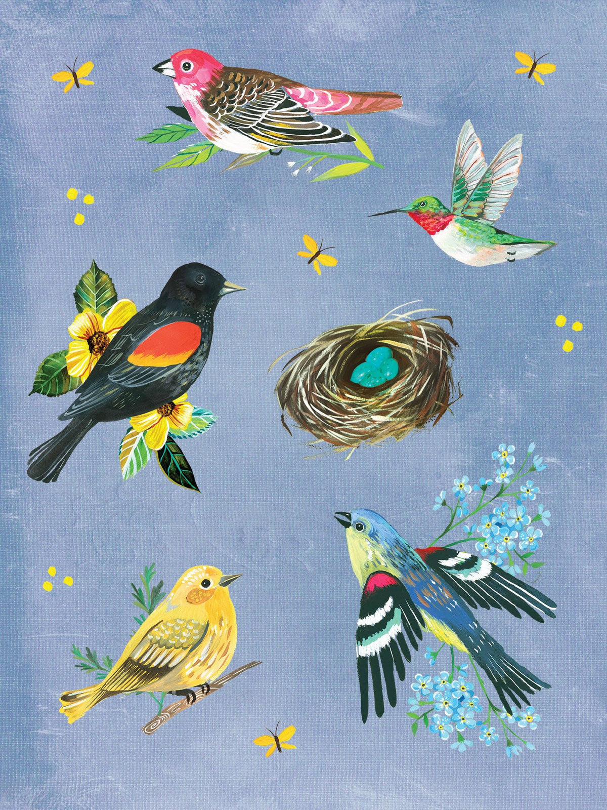 Illustration of various birds, flowers, and a nest on a blue background