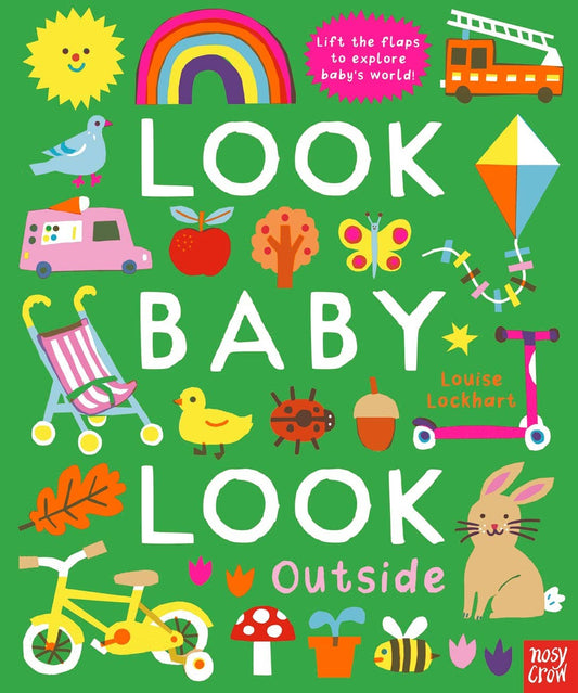 Children's book cover with colorful illustrations and text on a green background