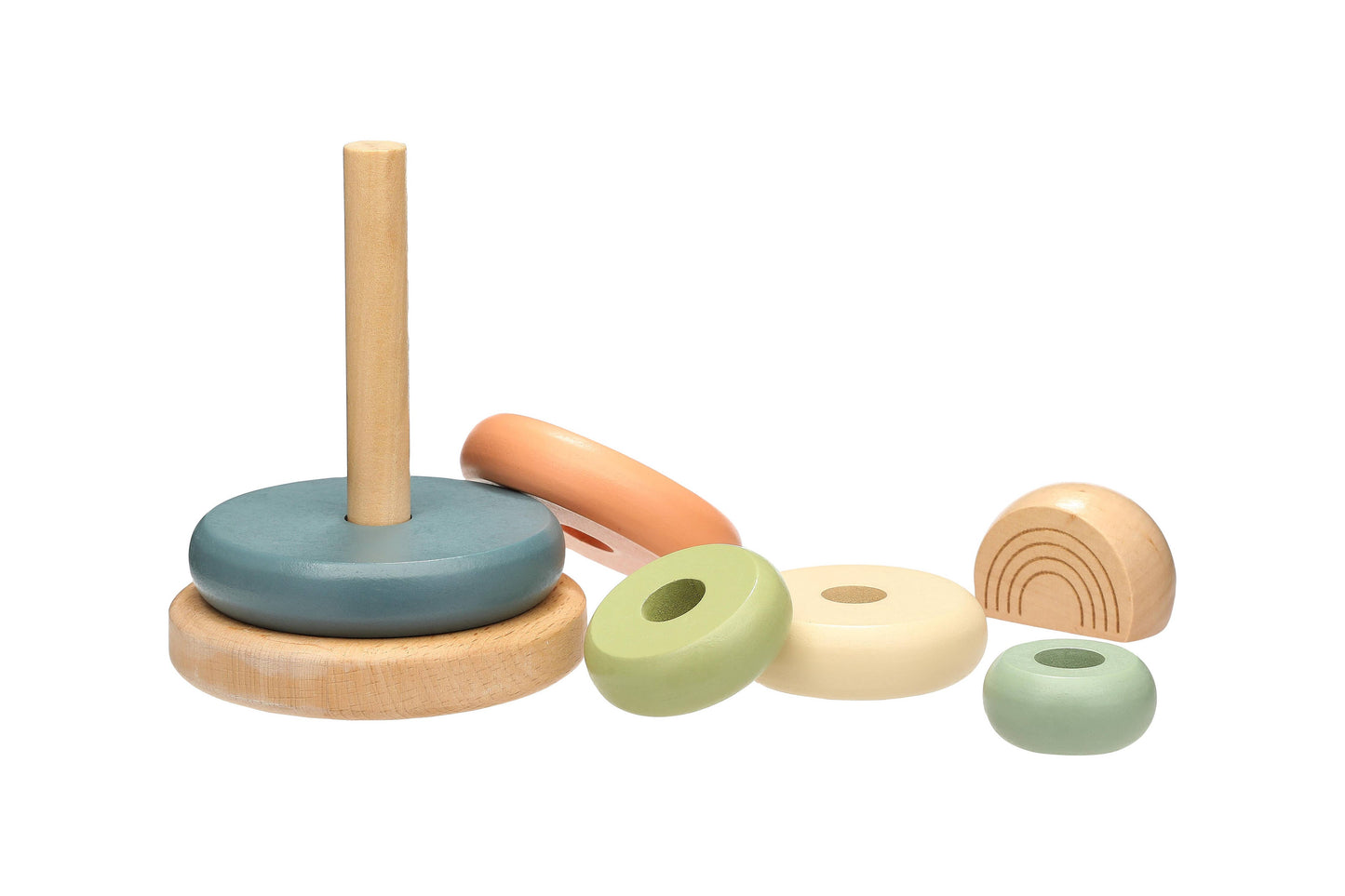 A wooden stacking toy consisting of a peg with five multicolor earth tone rings and a wooden rainbow topper on a white background. The shapes are scattered around the peg unassembled..