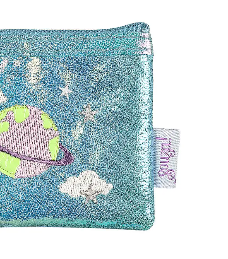 Children's space-themed pouch with planet and stars design on a white background