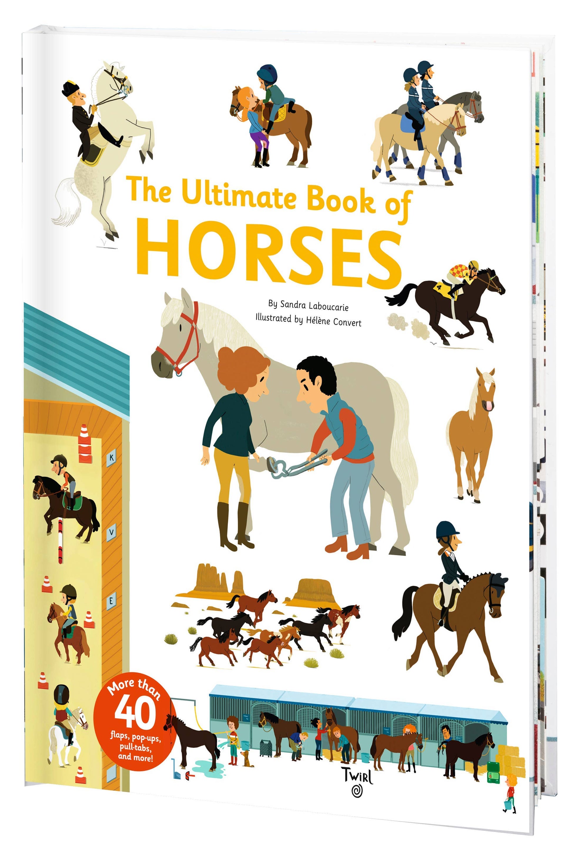 Cover of 'The Ultimate Book of Horses' featuring illustrations of various horses and people interacting with horses, with text and numbers indicating the content inside.