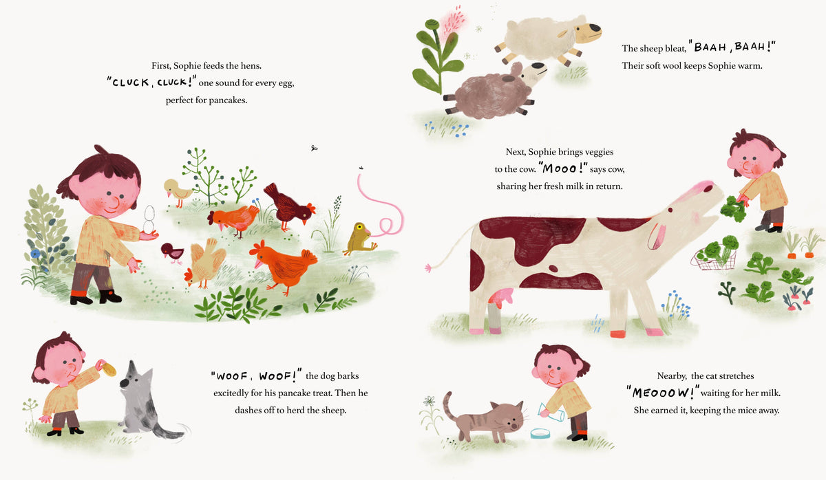 Illustrated children's book page with farm animals and a child interacting with them.