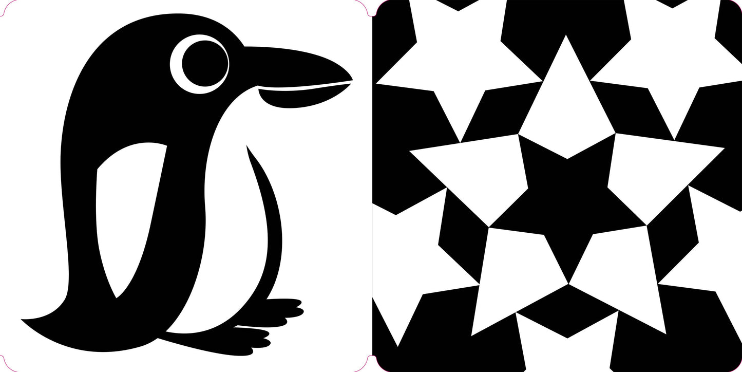 Penguin illustration next to a black and white star pattern
