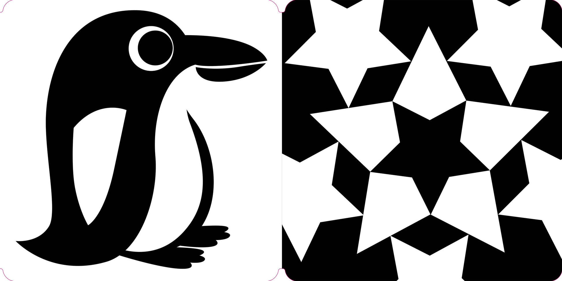 Penguin illustration next to a black and white star pattern