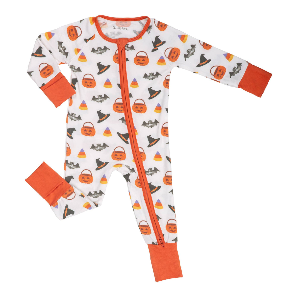 A baby's long-sleeve footless one-piece pajama with an all-over Halloween print, featuring orange trim, a front zipper, and matching foot cuffs on a white background.