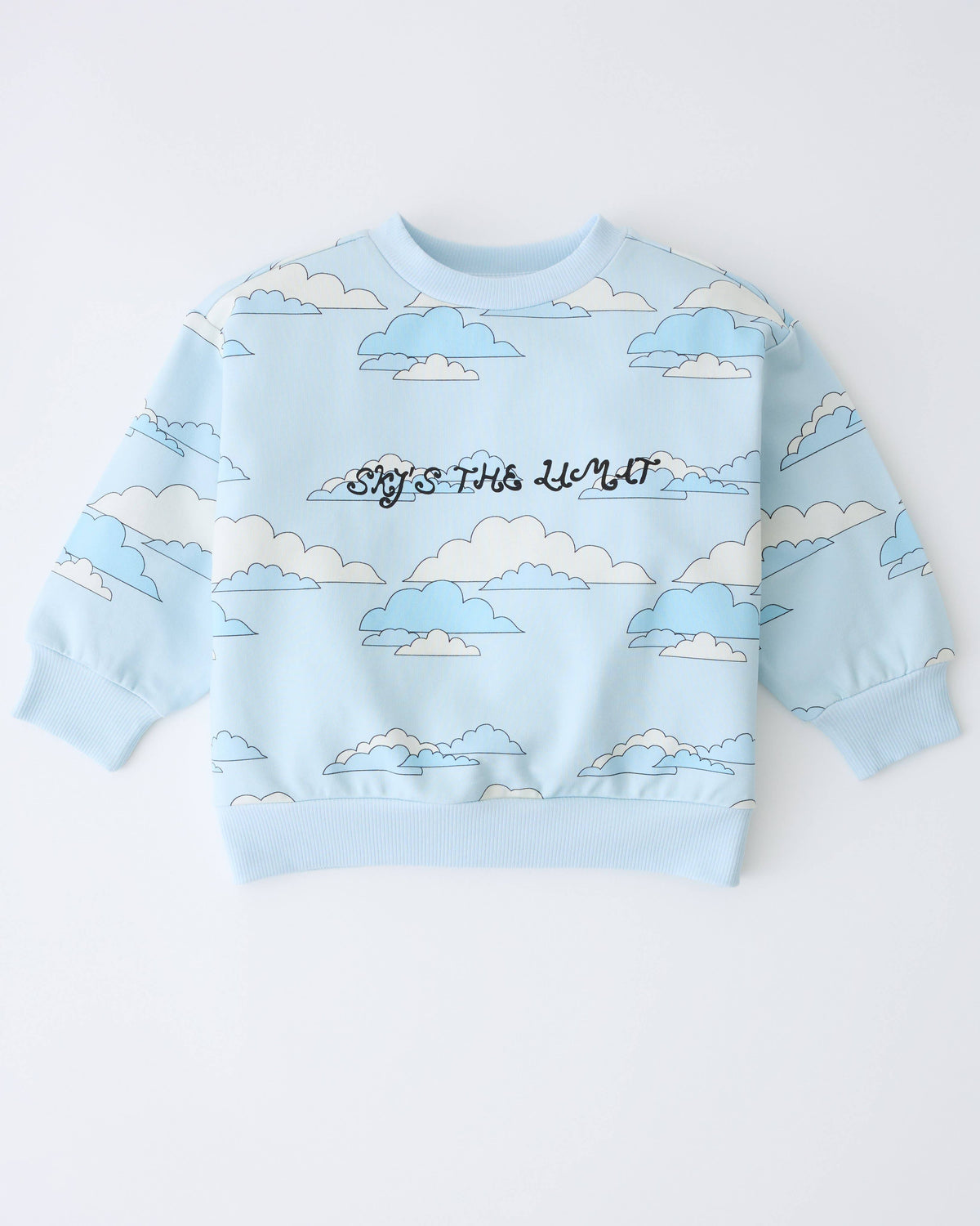 A light blue crewneck sweatshirt with a repeating cloud pattern and the text 'Sky's The Limit' printed across the chest, displayed flat against a white background.