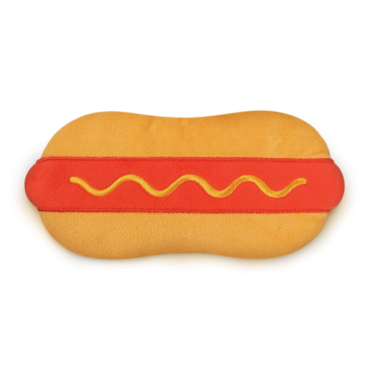 Hot dog-shaped eye mask with red top and yellow bottom on a white background