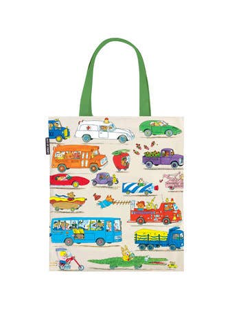 Tote bag with colorful vehicle pattern on a white background