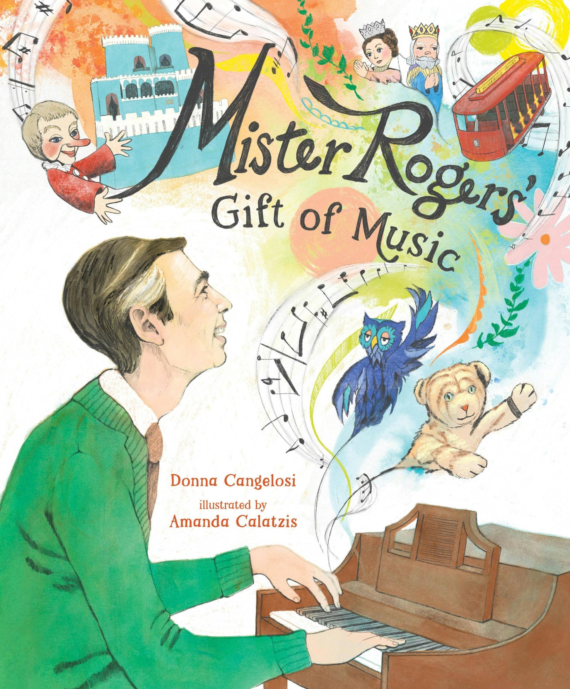 Book cover of 'Mister Rogers' Gift of Music' with a colorful illustration of Mister Rogers playing a piano.