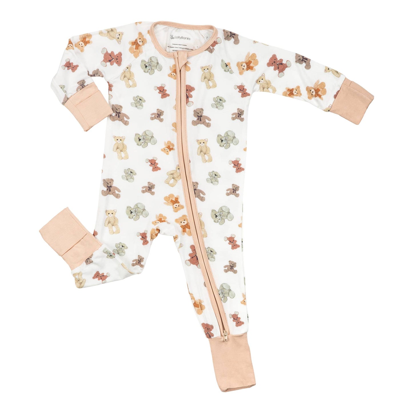 Baby onesie with teddy bear pattern on a white background