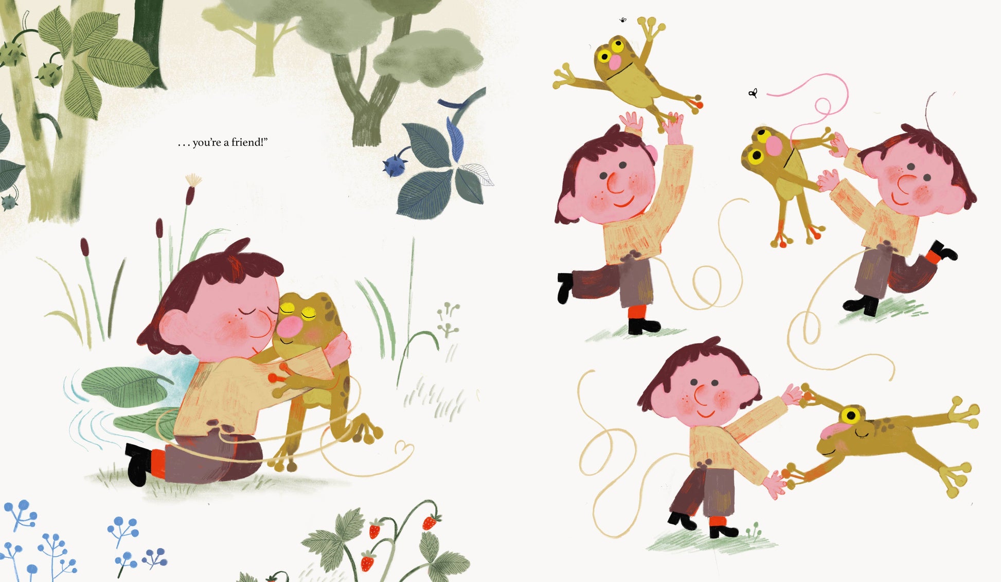 Illustration of children playing with frogs in a garden setting