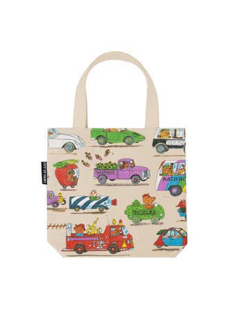Tote bag with colorful vehicle illustrations on a white background