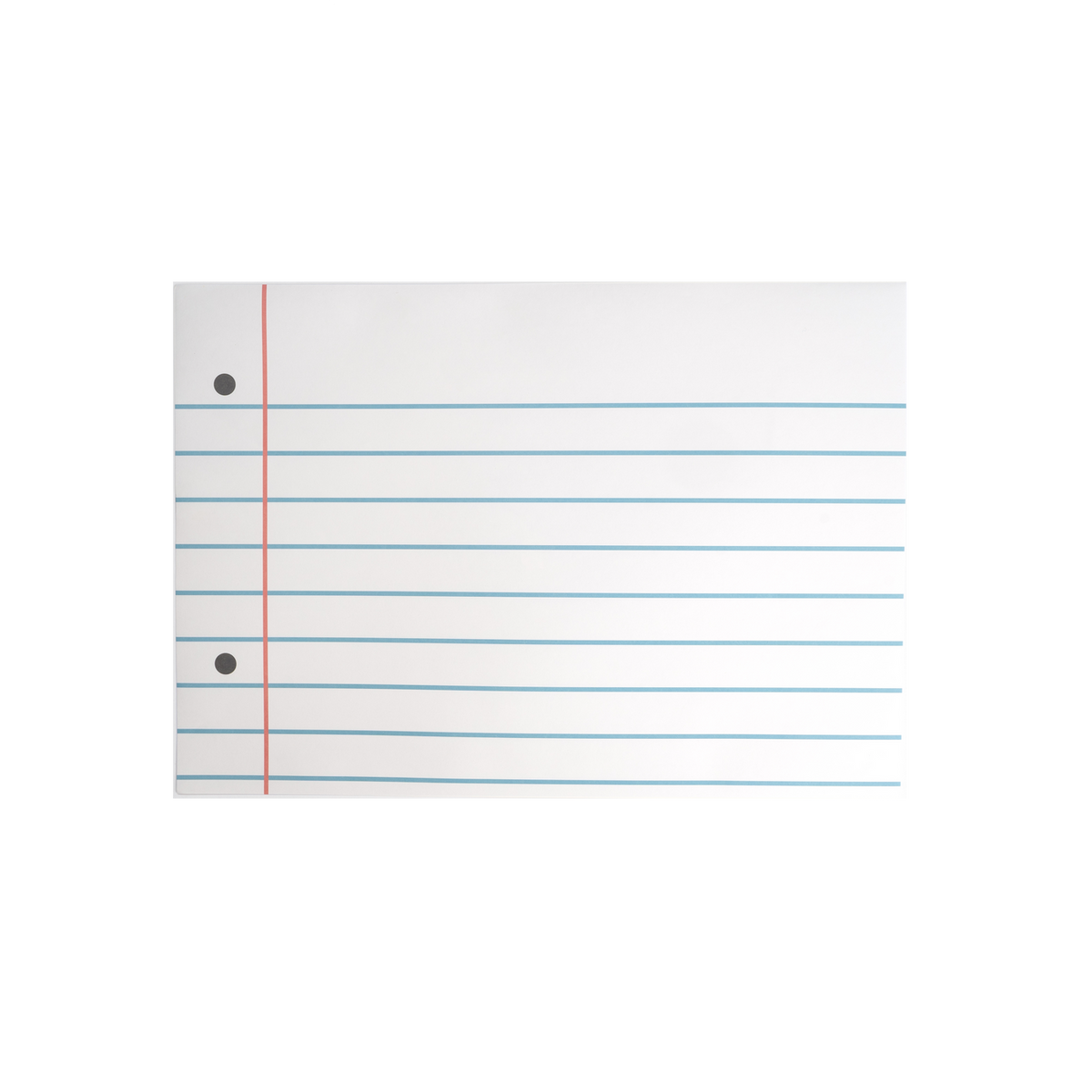 A placemat designed to resemble a sheet of loose-leaf paper with ruling lines and holes at the side for punch holes.