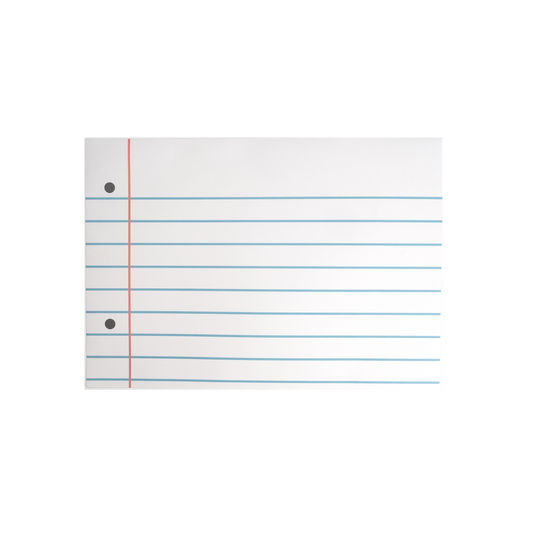 A placemat designed to resemble a sheet of loose-leaf paper with ruling lines and holes at the side for punch holes.
