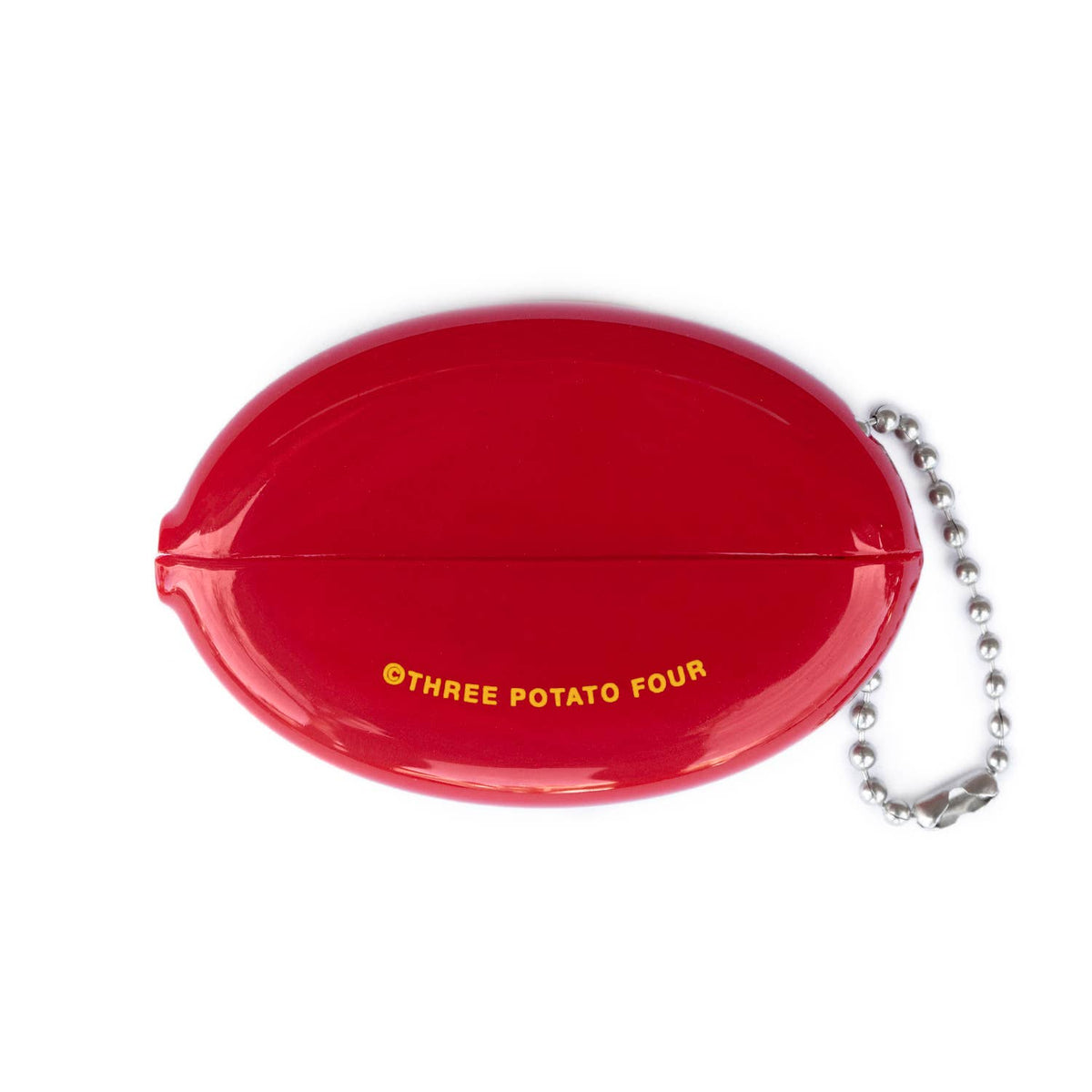 Red oval container with 'Three Potato Four' text and a chain on a white background