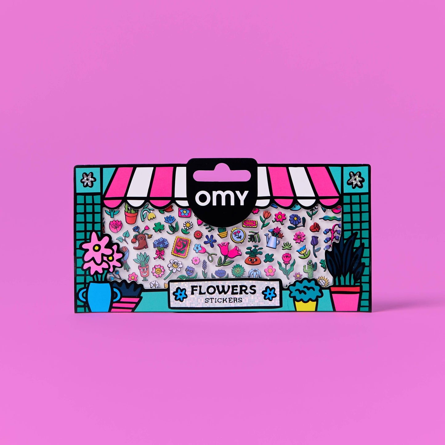 Pack of flower stickers with 'omy' branding on a pink background