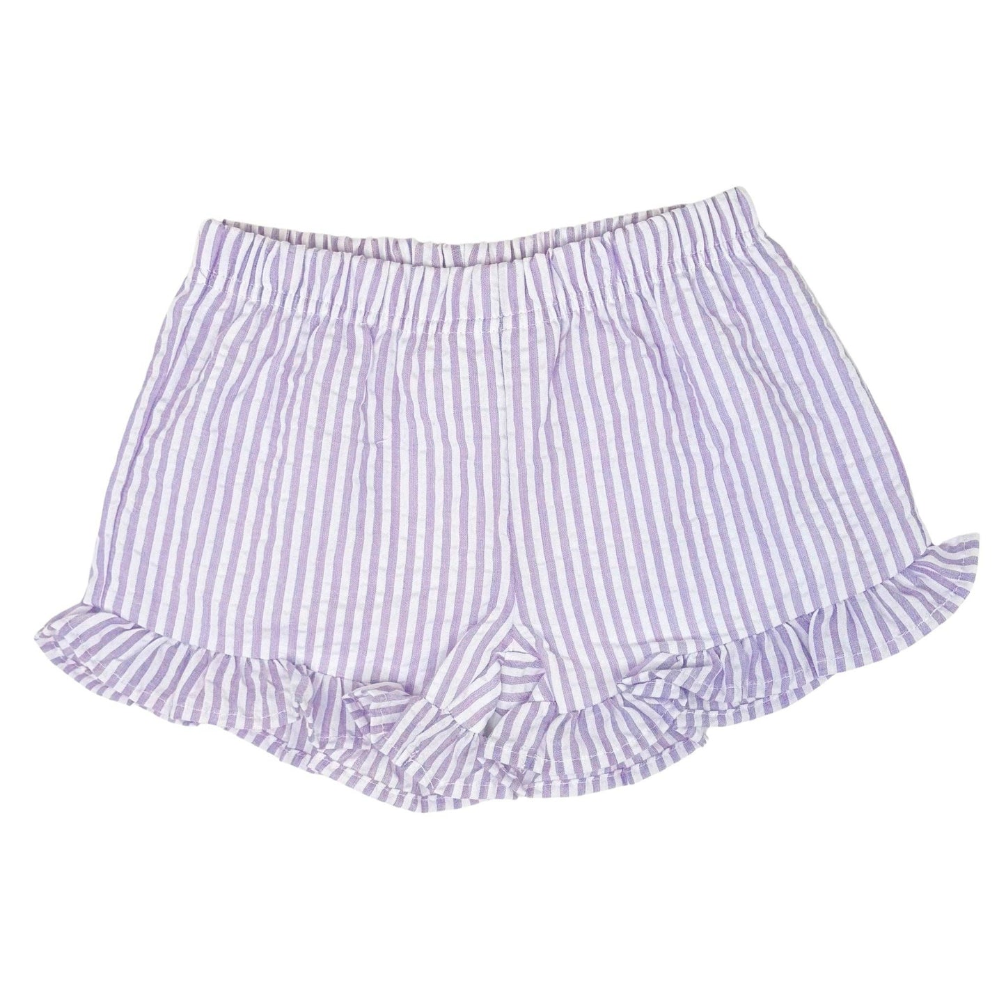 Purple and white striped shorts with ruffled edges on a white background