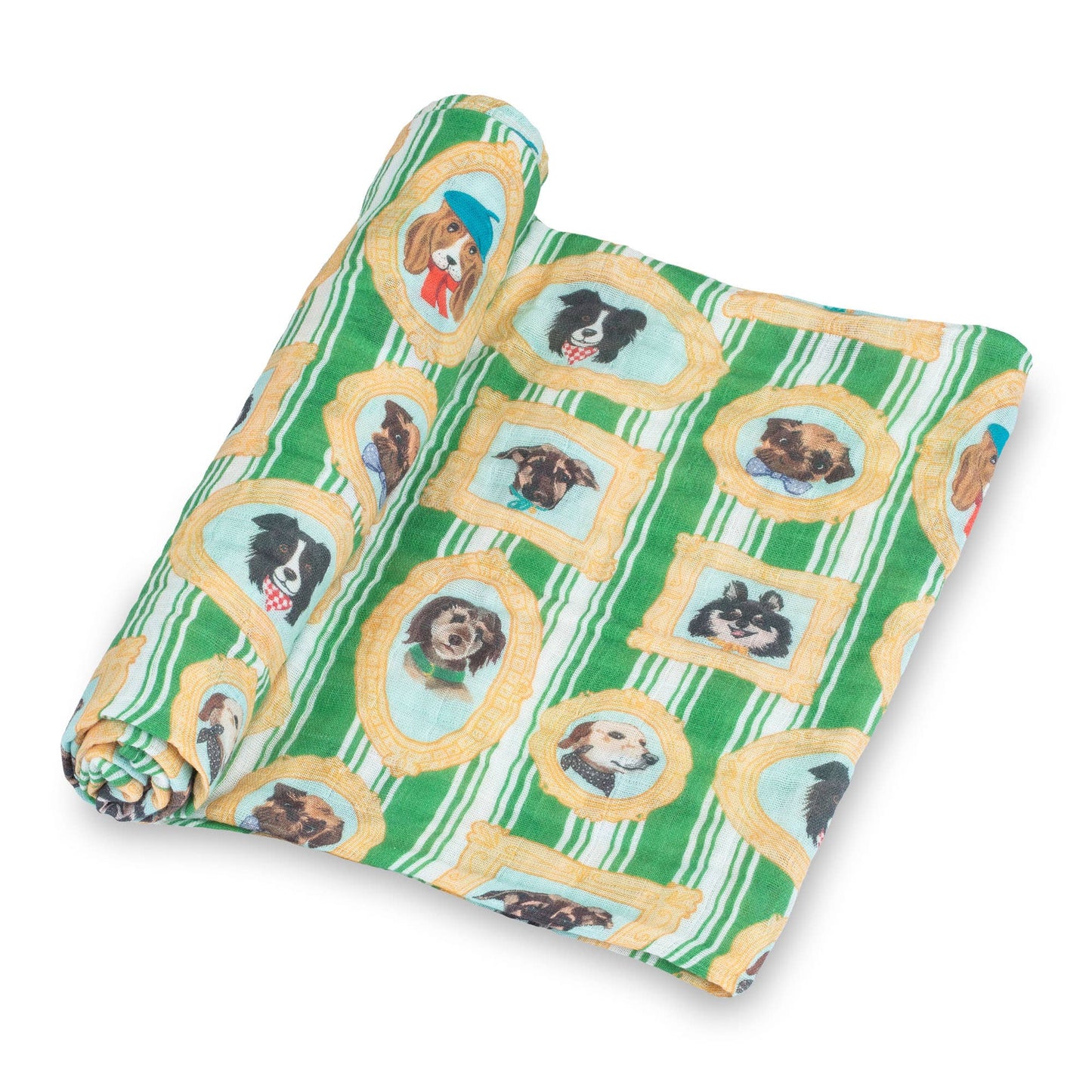 Folded swaddle blanket with dog pattern on a white background