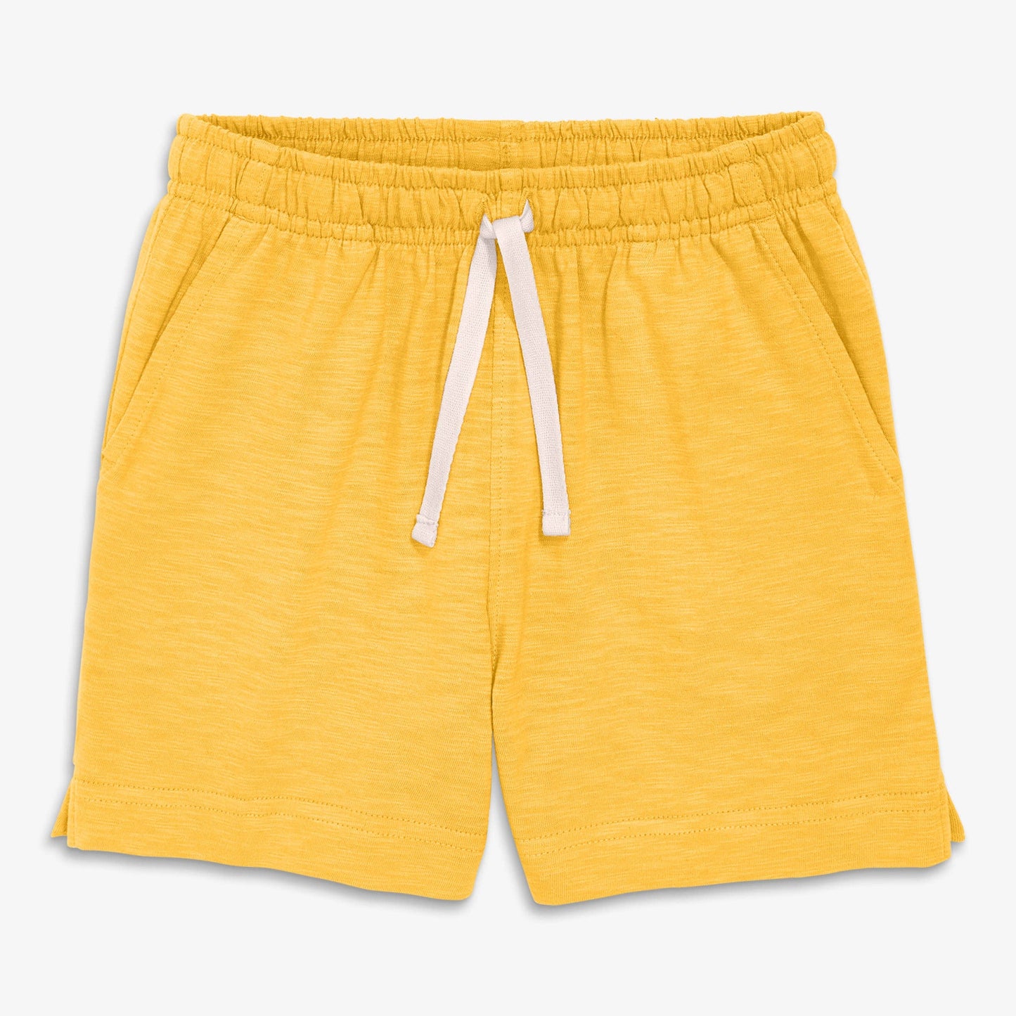 Yellow shorts with a drawstring on a light gray background