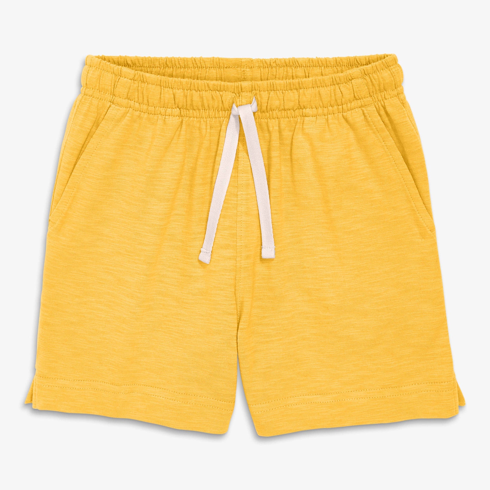 Yellow shorts with a drawstring on a light gray background