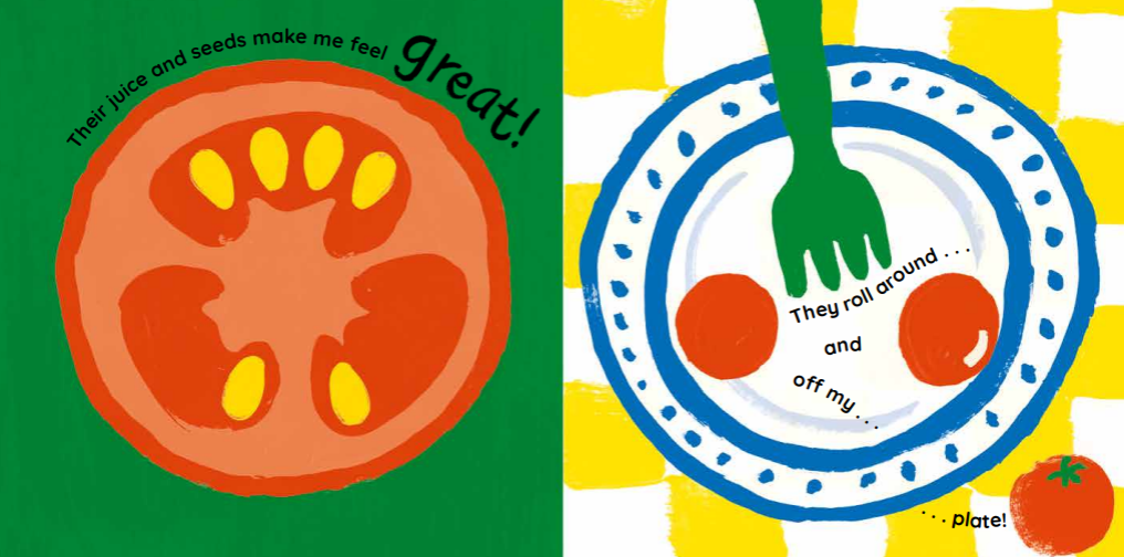 Children's book cover with a tomato illustration and a plate with a fork and tomatoes on a yellow background.