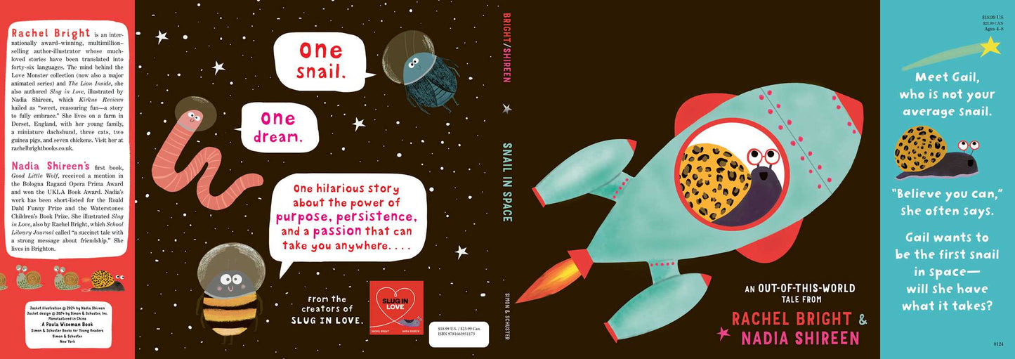 Book cover with a rocket ship and space-themed illustrations on a dark background