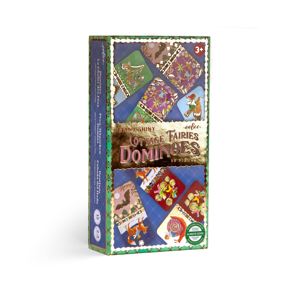 The product packaging box for 'Cottage Fairies Dominoes' by Fantasy Farmhouse, featuring a colorful collage of vintage-style game cards on a blue patterned background with green borders.