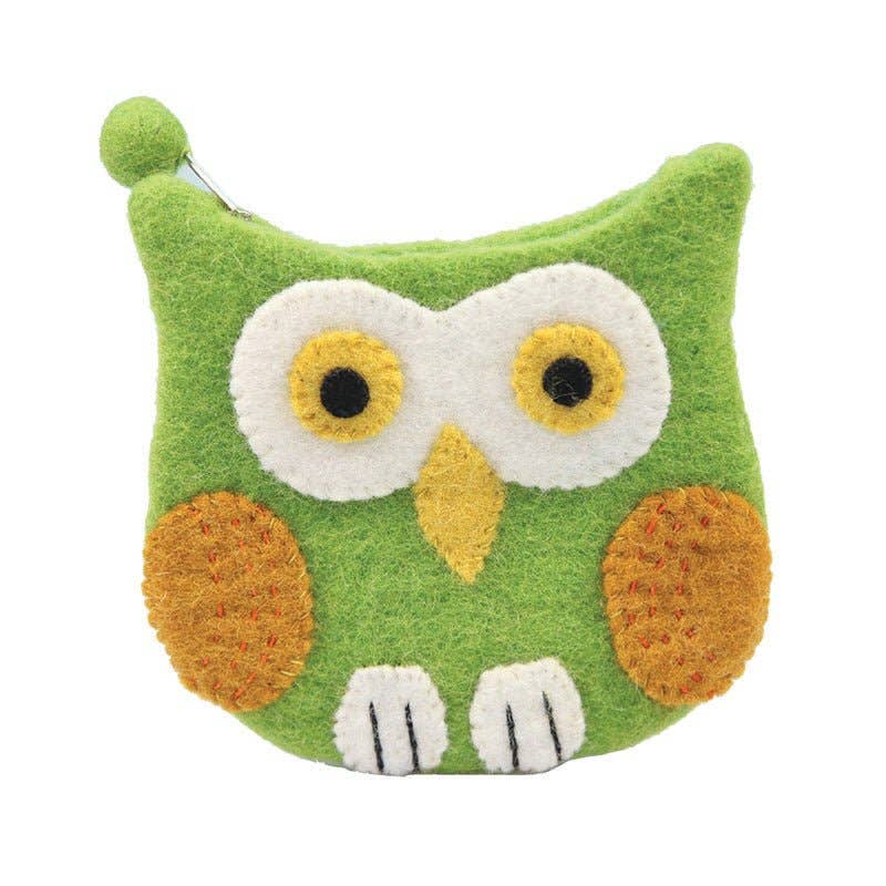 Green owl-shaped coin purse with a white face and orange accents on a white background