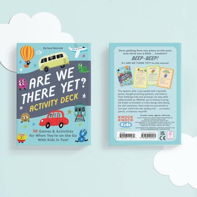 Activity deck packaging with colorful illustrations on a light blue background